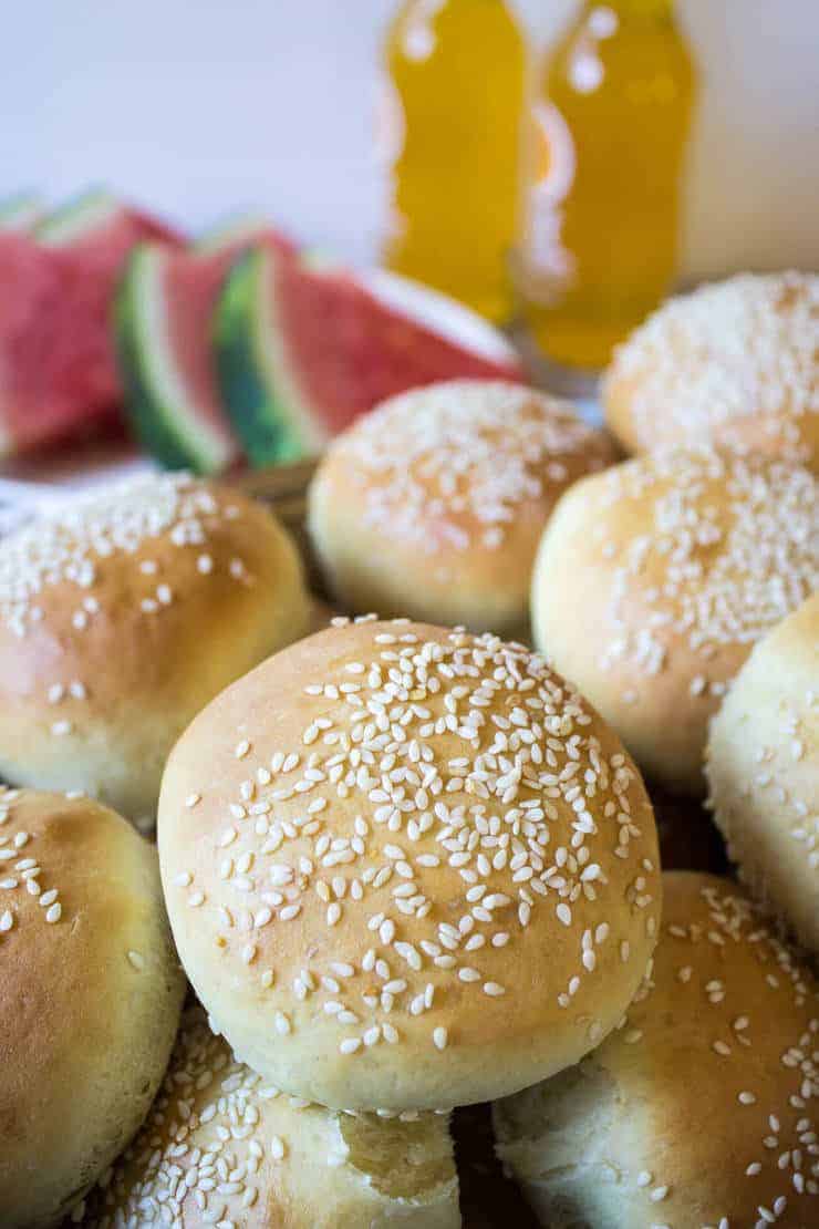 Sesame seeds on top of rounds buns. 