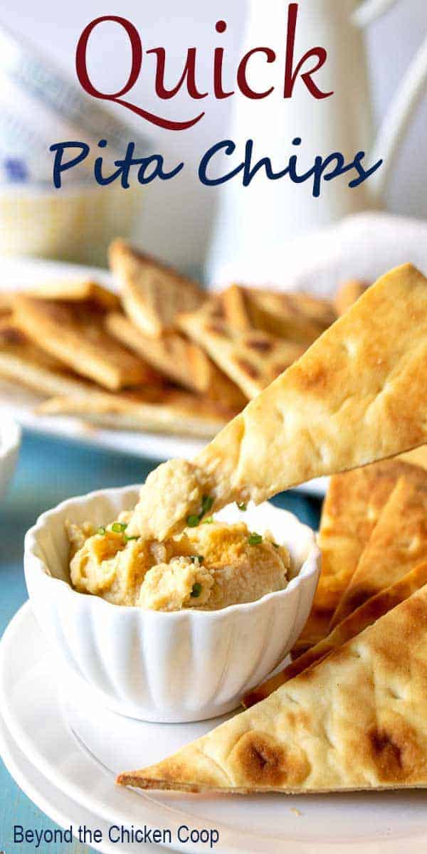 A small bowl of hummus with a pita chip.