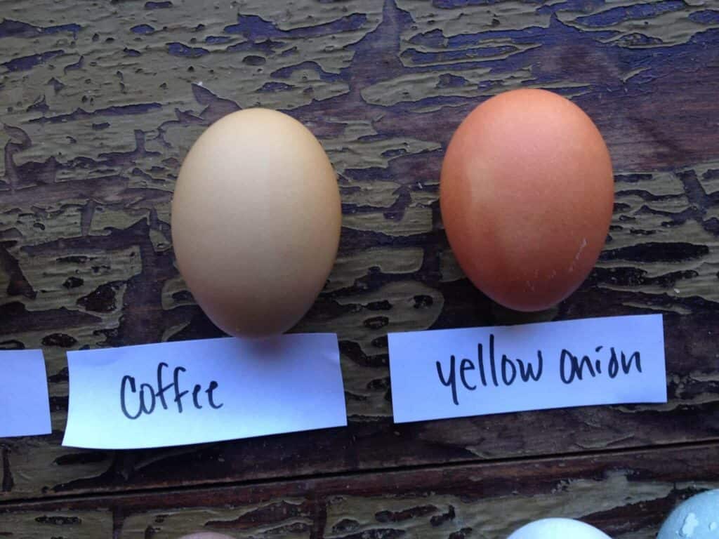 Hard boiled eggs colored with natural dyes with brown and reddish colors.