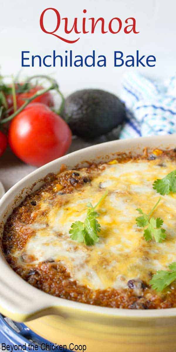Enchilada casserole topped with melted cheese.
