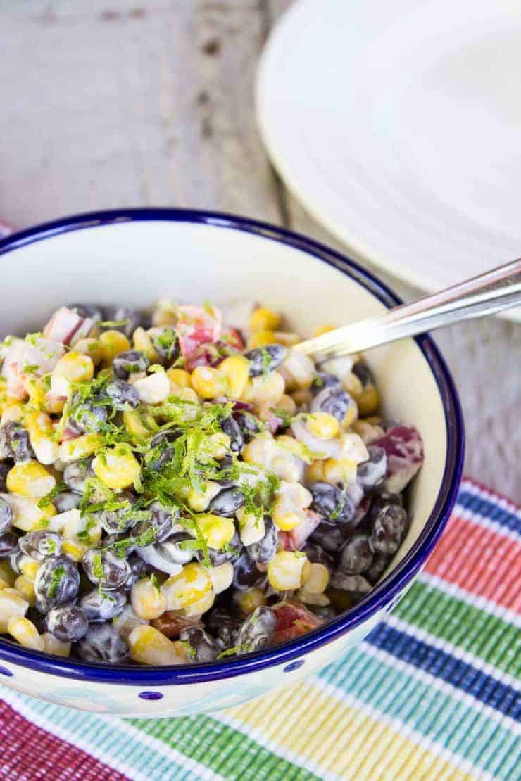 Black Bean and Corn Salad in a blue and white bowl.
