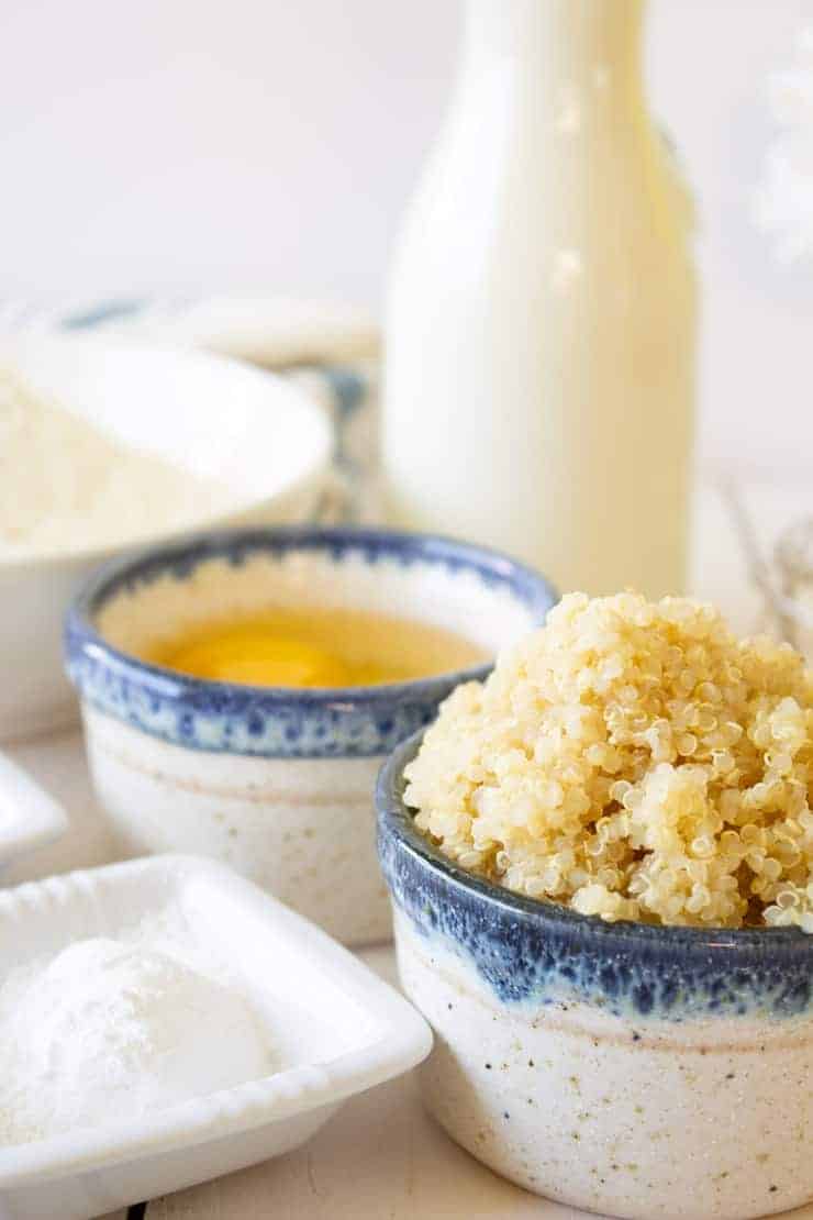 Ingredients for quinoa waffles includes flour, eggs, baking powder, milk and quinoa.