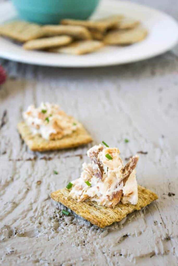 Crackers topped with a salmon dip.