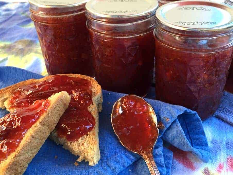 Homemade Plum Jam on toast and on a spoon sitting on a blue napkin.