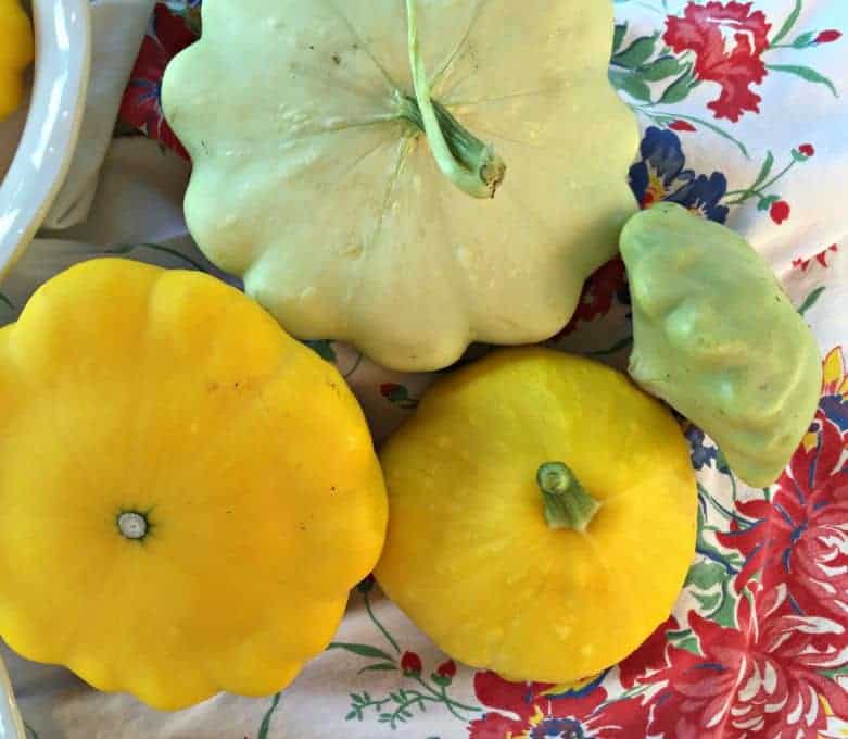 Green and yellow Patty Pan Squash is different sizes.