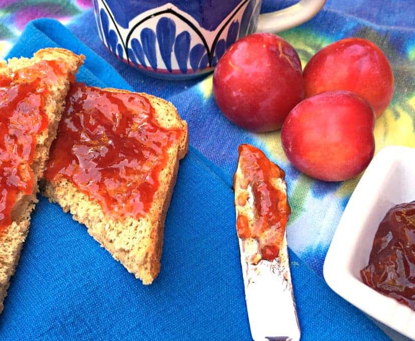 Toast topped with plum jam. 