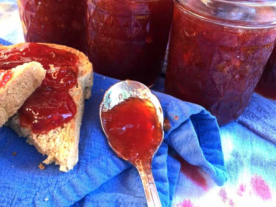 Plum Jam on a spoon with toast and jars of jam around it.