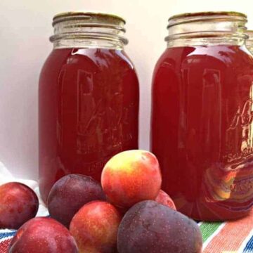 Glass jars filled with bright red plum juice.