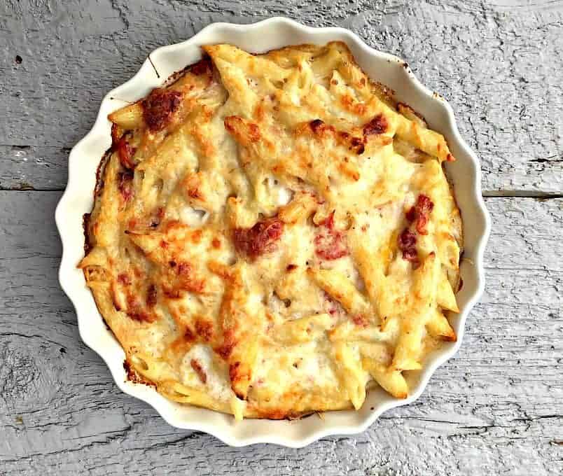 Baked pasta with browned cheese on top. 