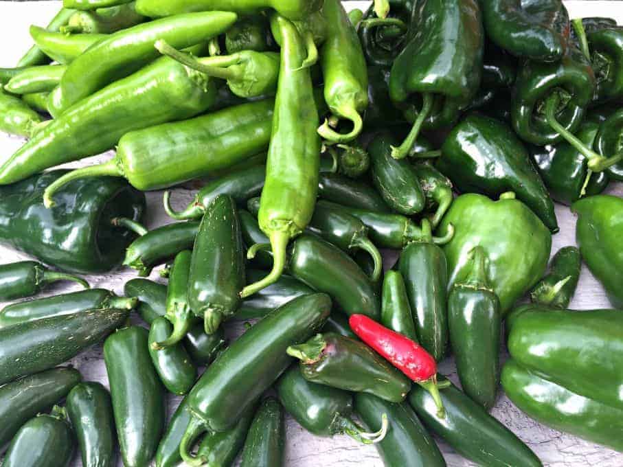 Anaheim peppers, jalapeno peppers and poblana peppers in a pile.