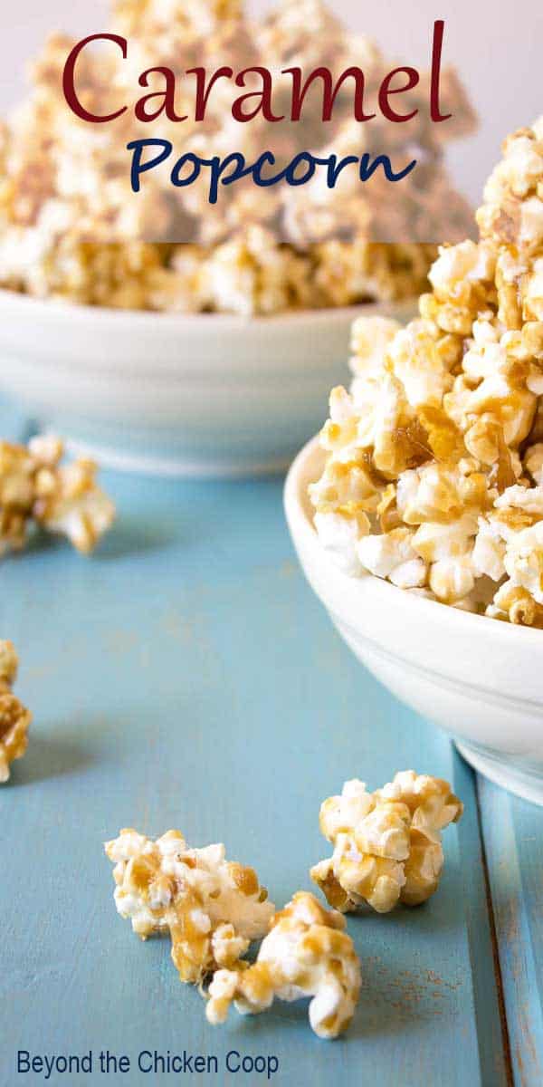 Homemade caramel popcorn served in a white bowl.