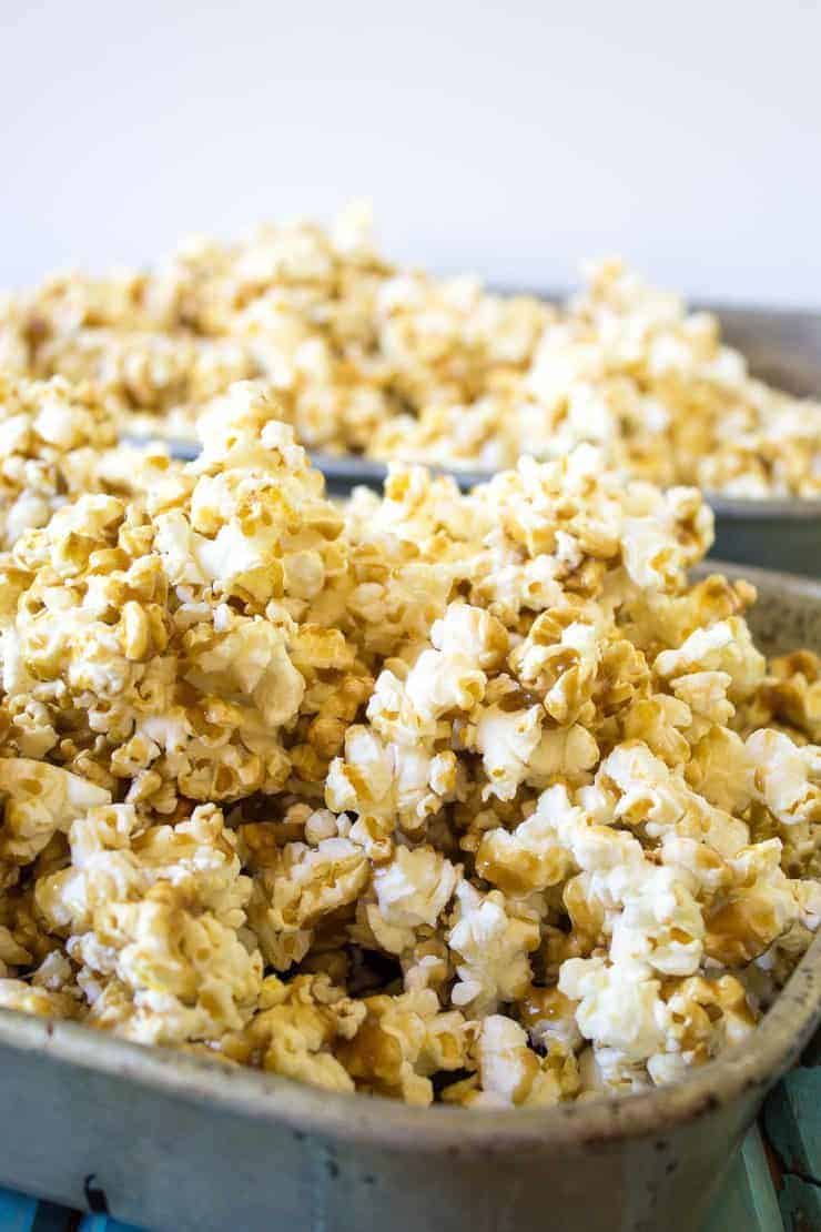 Caramel Popcorn in an old baking pan.