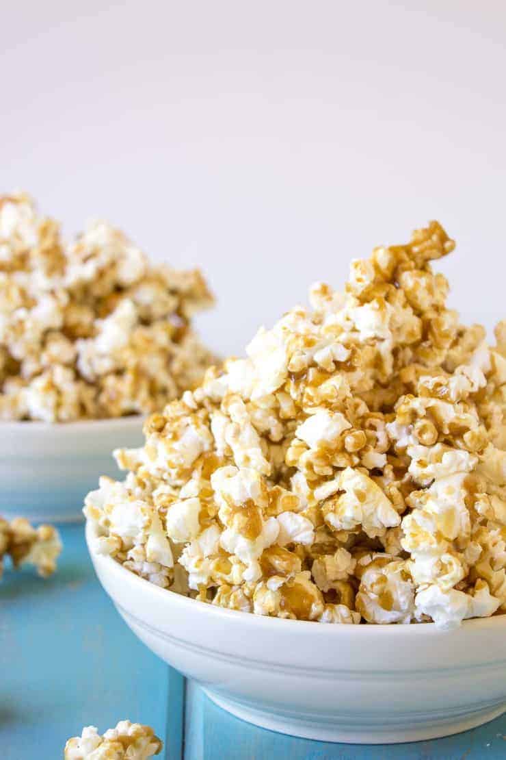 Caramel Popcorn piled high in a bowl.