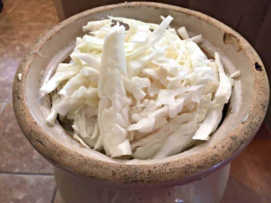 Sliced cabbage in an old crock. 