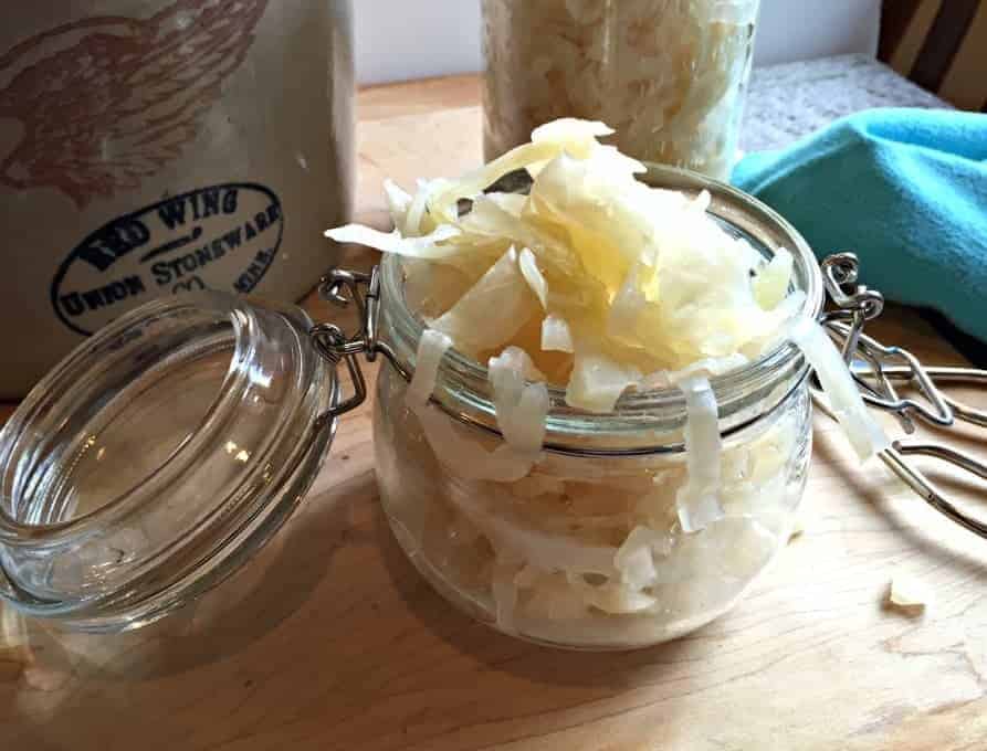 Sauerkraut in a small crock.