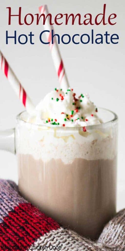 Mug filled with hot cocoa and topped with whipped cream.