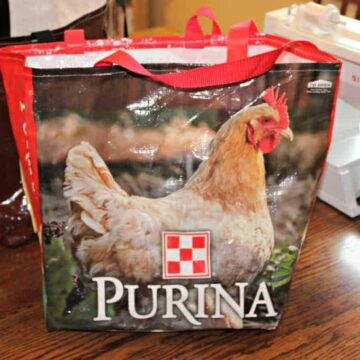 A tote bag with a chicken on the front of the bag and red handles at the top.