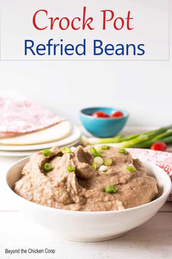 A bowl filled with refried beans topped with green scallions.