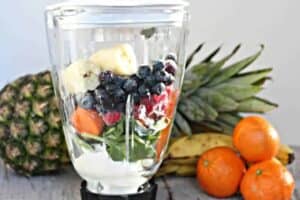 Fruit smoothie with a variety of fruits and veggies
