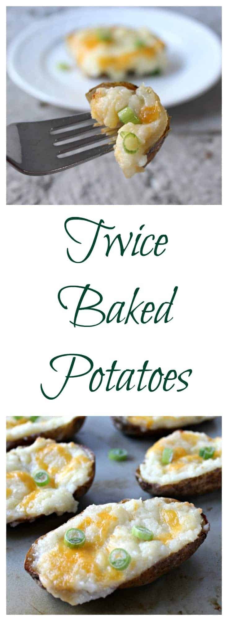 Twice baked potatoes filled with a cheesy filling.
