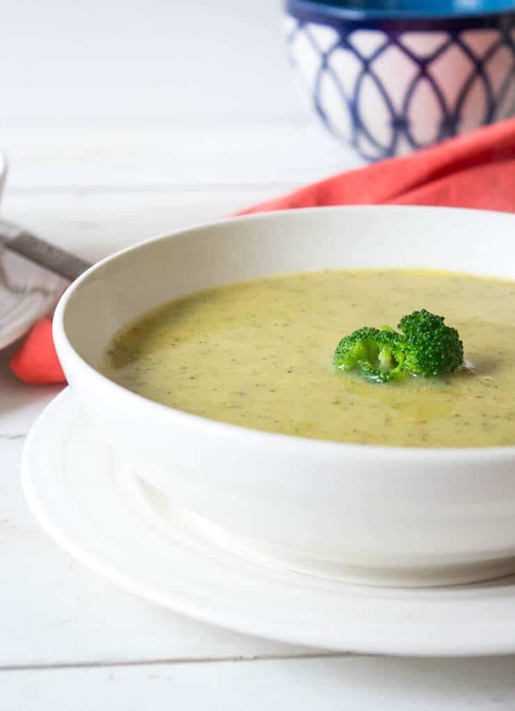 A white bowl filled with soup and topped with a small piece of broccoli.