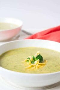 A bowl full of creamy soup topped with cheese and a broccoli floret.