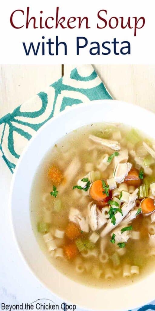 A bowl of chicken soup with carrots and small pasta.