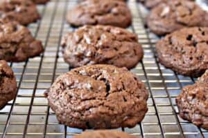 Chocolate cookies lined up on a baking rack.