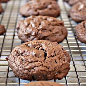 Chocolate cookies lined up on a baking rack.