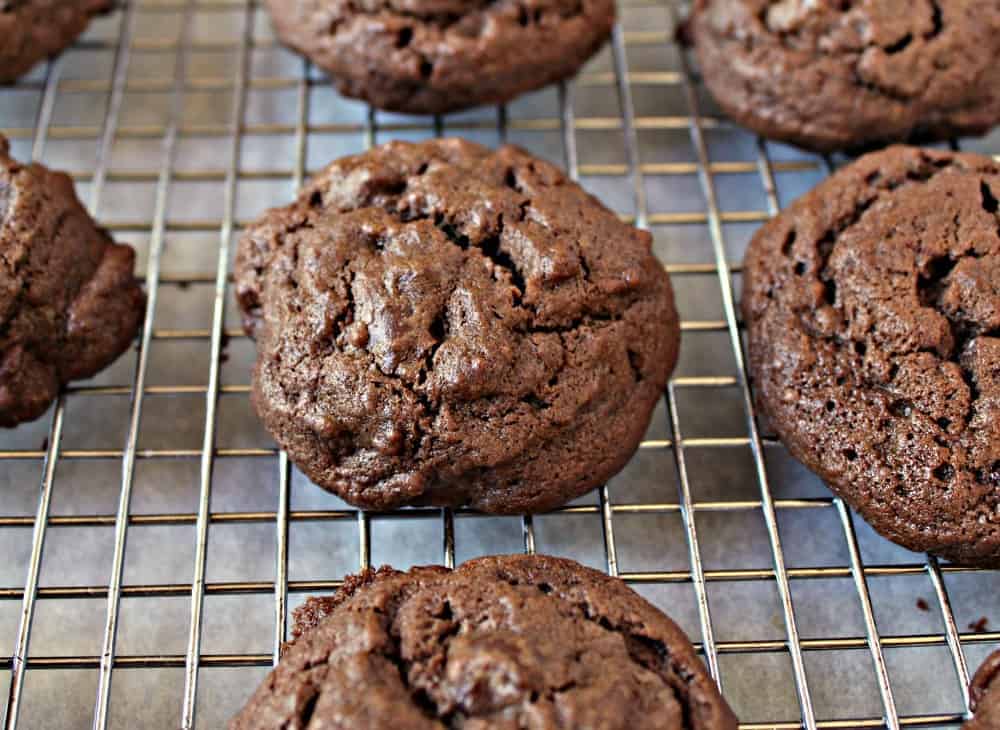 Chocolate cookies on a baking rack.