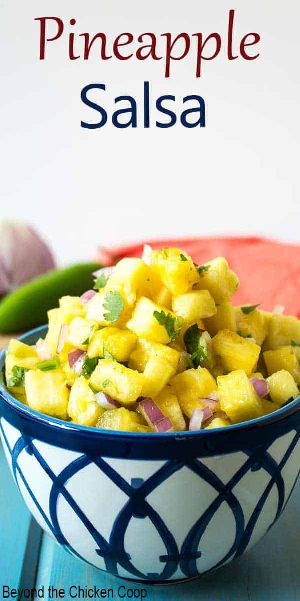 A bowl filled with fresh salsa made with pineapple.