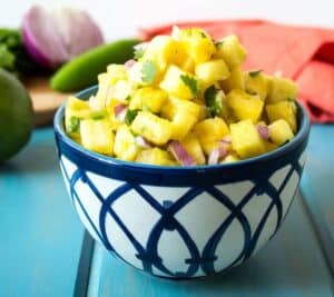 Pineapple Salsa in a blue and white bowl.