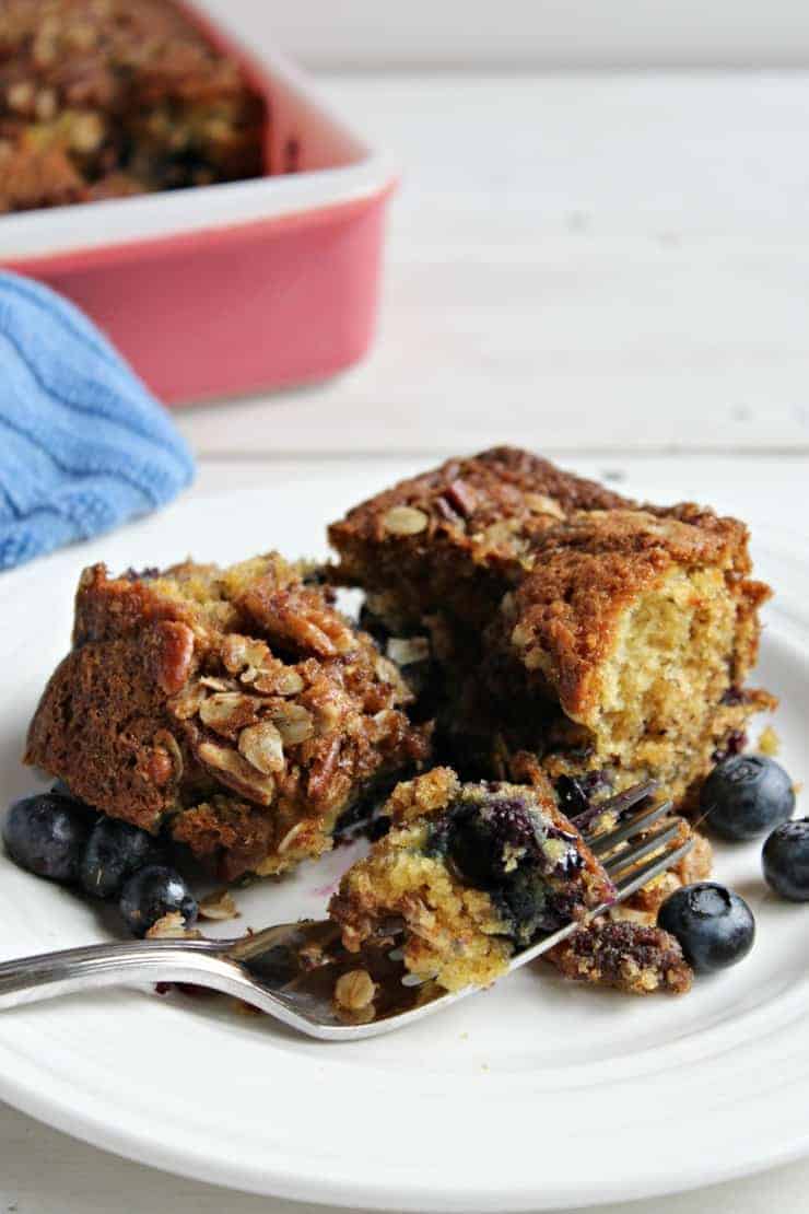 blueberry banana coffee cake with pecan crumble topping