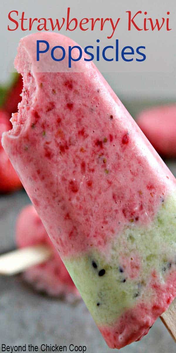 A popsicle with layers of strawberry and kiwi.