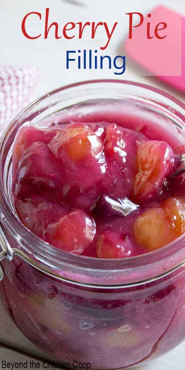 A glass jar filled with cherries in a sauce.