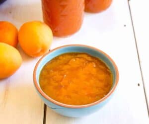 A small turquoise bowl filled with apricot jam.