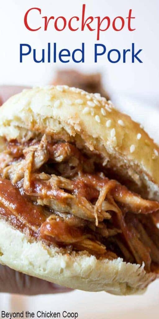 A sandwich bun filled with pulled pork with barbecue sauce.