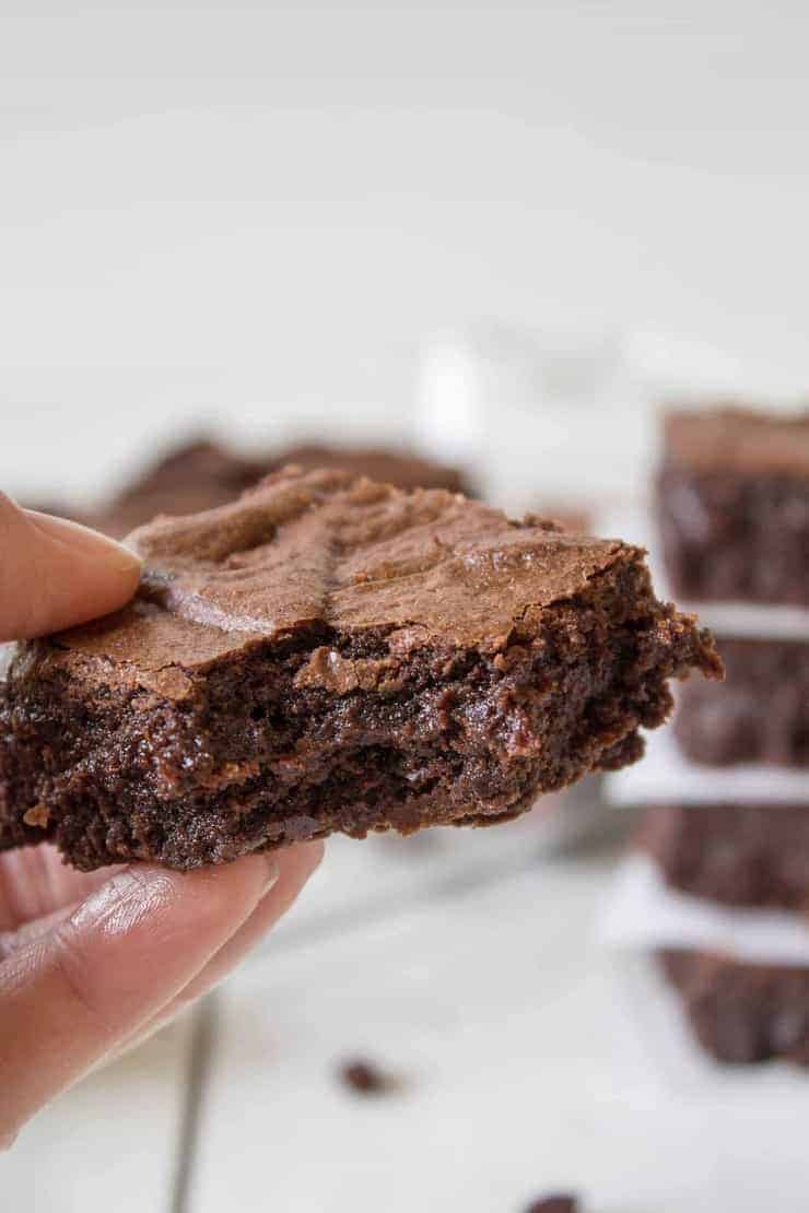 A bite out of a brownie. 