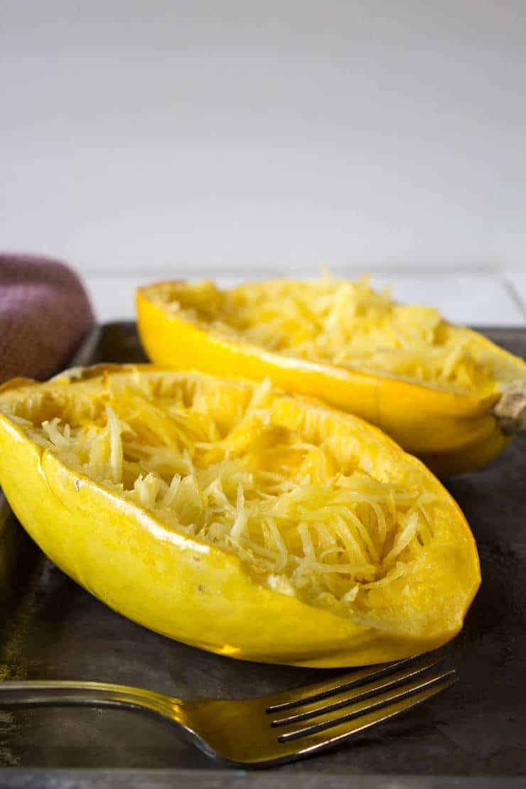 Spaghetti Squash on a baking sheet.