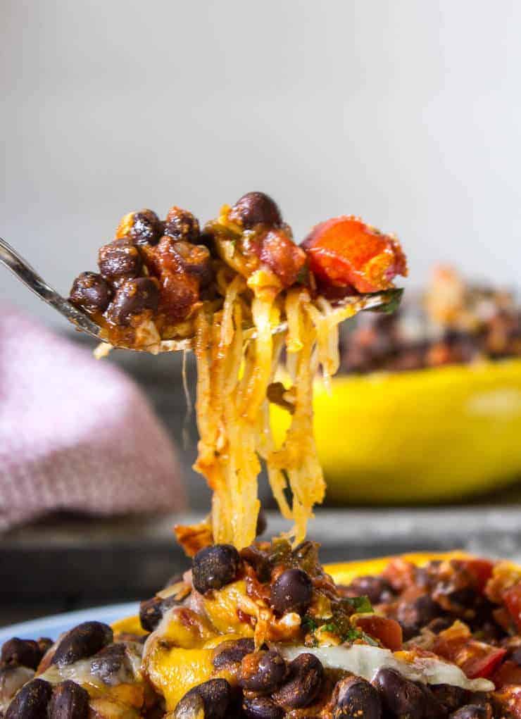 A forkful of Spaghetti Squash with Black Beans