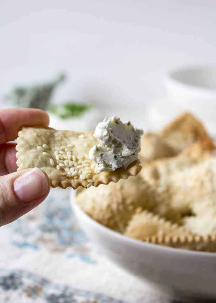 Boursin Cheese Spread on a homemade cracker.