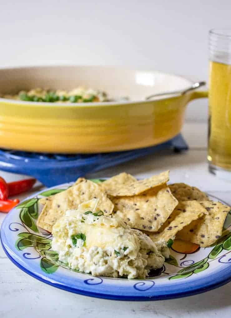 A small colorful plate with chips and cheesy dip.