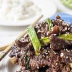 Cooked elk meat on a plate topped with green onions and sesame seeds.