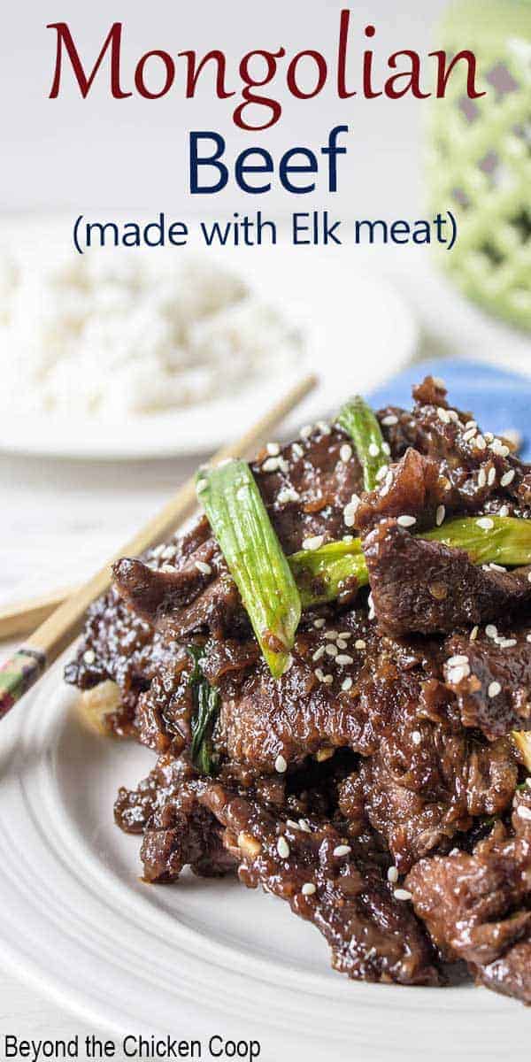 Cooked elk meat on a plate topped with green onions and sesame seeds.