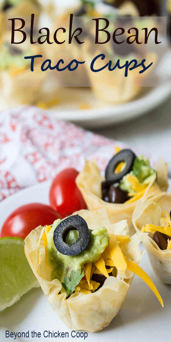 Black bean taco cups have phyllo dough shells and a black bean filling. This appetizer is perfect for anytime of the year.