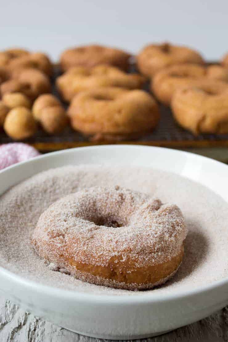 Cinnamon and sugar covering a doughnut. 