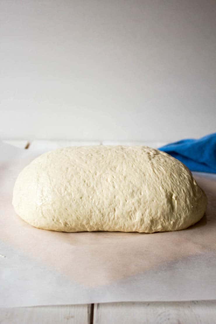 Bread dough formed into a round shape on a piece of parchment paper.