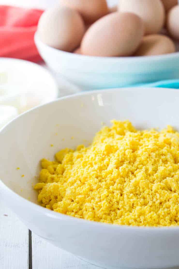 Egg yolks finely mashed in a bowl. 