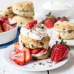 Strawberry shortcake with fresh strawberries topped with whipped cream.