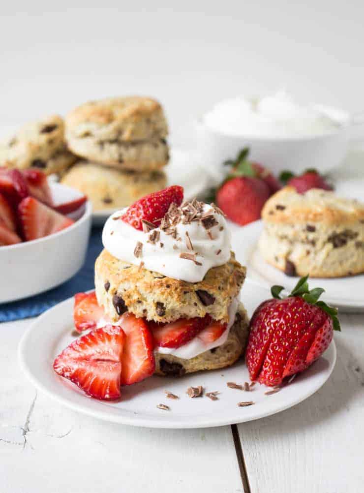 Strawberry Chocolate Shortcake with fresh strawberries and whipped cream.